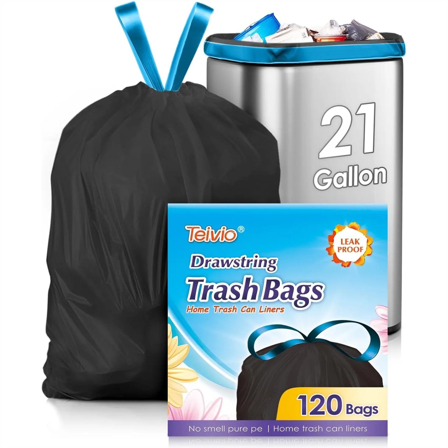 

Strong Drawstring Trash Bags 21 Gallon 120 Counts, Fit 20 Gal Bathroom Trash Can, Durable Plastic Garbage Bags for Home Office