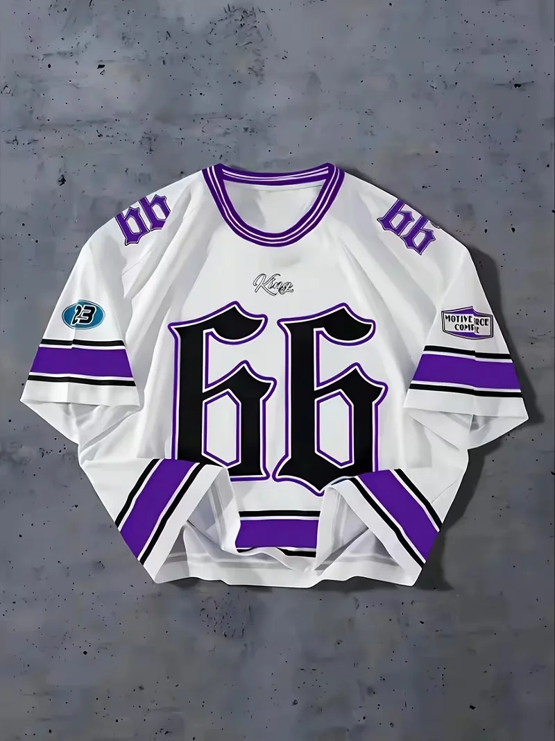 Men 100% Polyester Oversized Football Jersey T Shirt Number Letter Print Color Block Short Sleeve Tee Hip Hop Vintage Streetwear