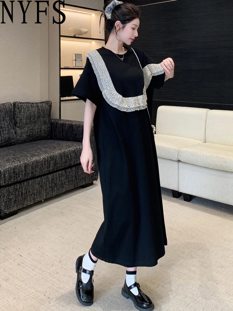 NYFS المرأة فستان صيفي فضفاض حجم كبير موضة كم قصير المرقعة كشكش حافة فستان طويل رداء Ete فام Elbise 2025 جديد