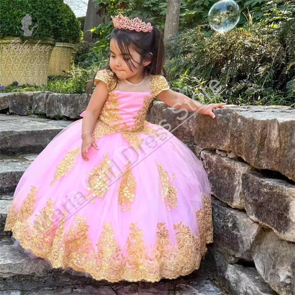 Kids Gold Applique Evening Gown Fluffy Short Sleeve Flower Girl Dresses For Wedding Beauty Pageant Formal Occasions Birthday