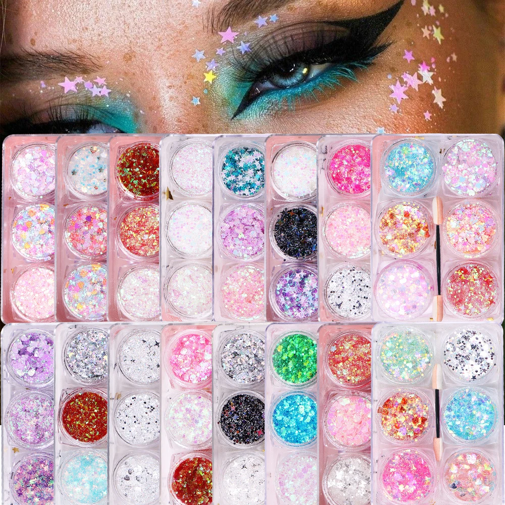 6Pcs/Set Nail Art Glitter Sequins Mixed Heart/Star/Round/Butterfly Aurora Flakes With Sponge Stick Eye/Face/Body Makeup Powder #