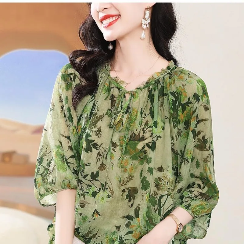 Temperamento impresso camisa de manga média para primavera e outono moda versátil chiffon plissado retalhos solto topo