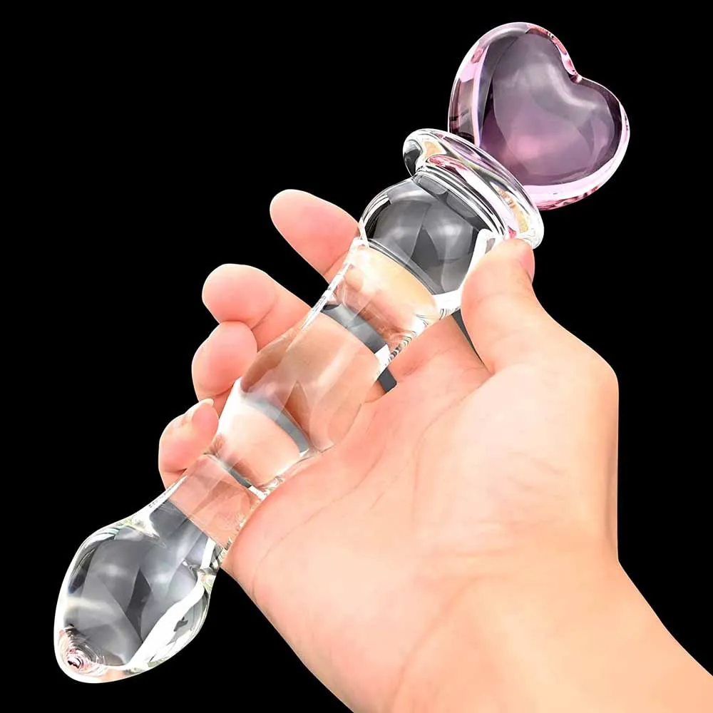 Glass Dildo Butt Plug, Glass Pleasure Wand, Heart Shape Crystal Massager Anal Sex Toys for Women Men Couple