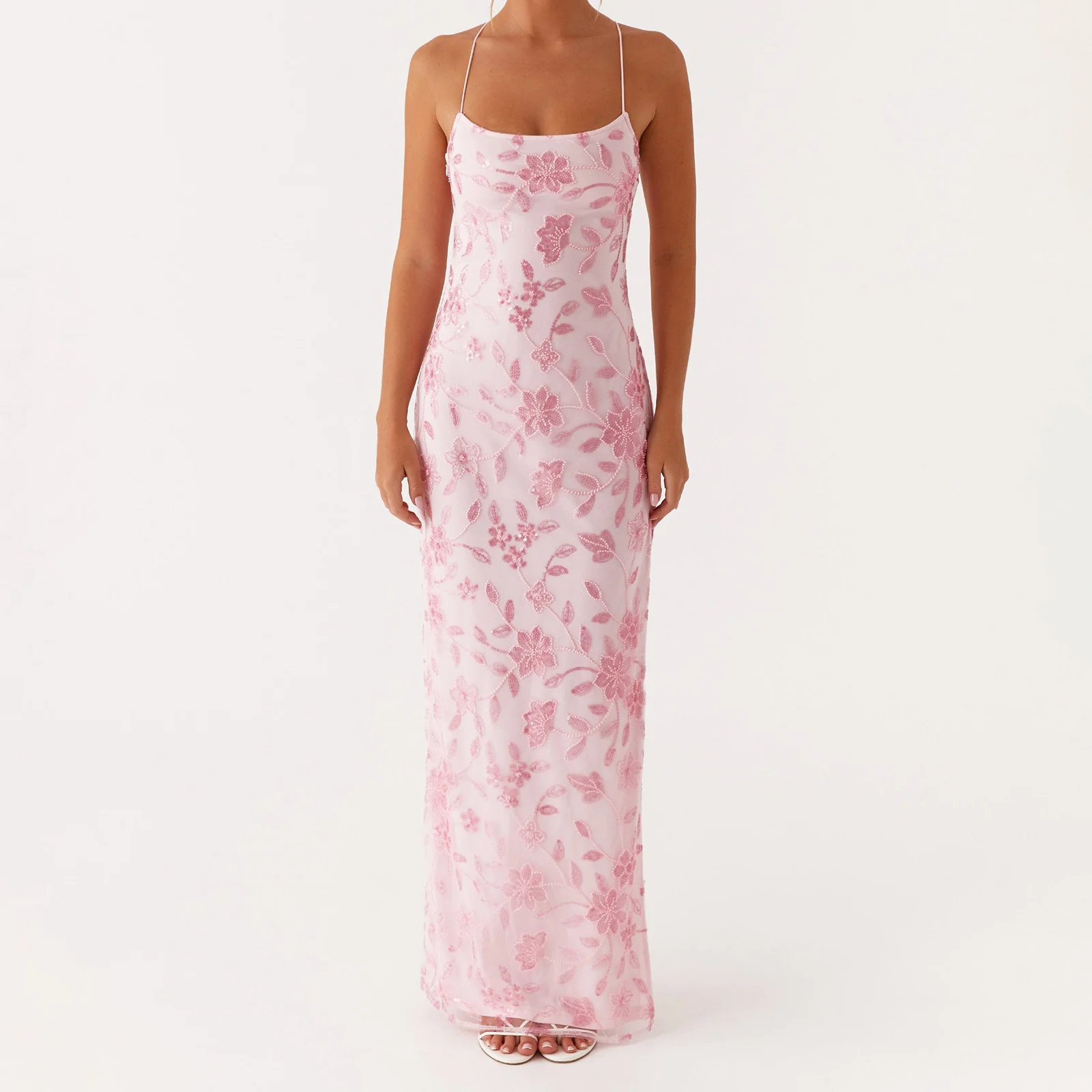 Abito estivo da donna con paillettes glitterate e perline con fiori, abito lungo sottile con spacco alto e cinturino per spaghetti aperto sul retro per party club