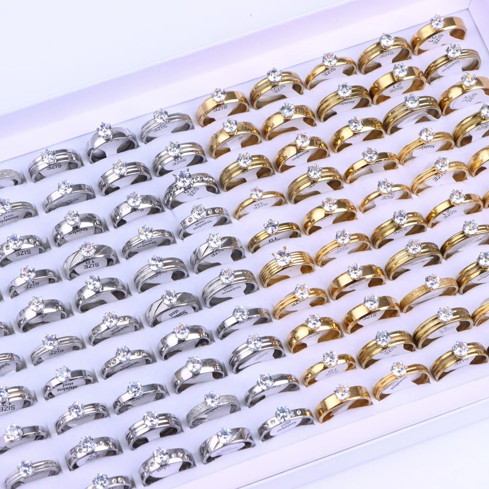 10/20/30/50Pcs/Lot Fashion Charm Classic Simple Multicolor Rhinestone Stainless Steel Rings For Women Men Jewelry Accessory Gift