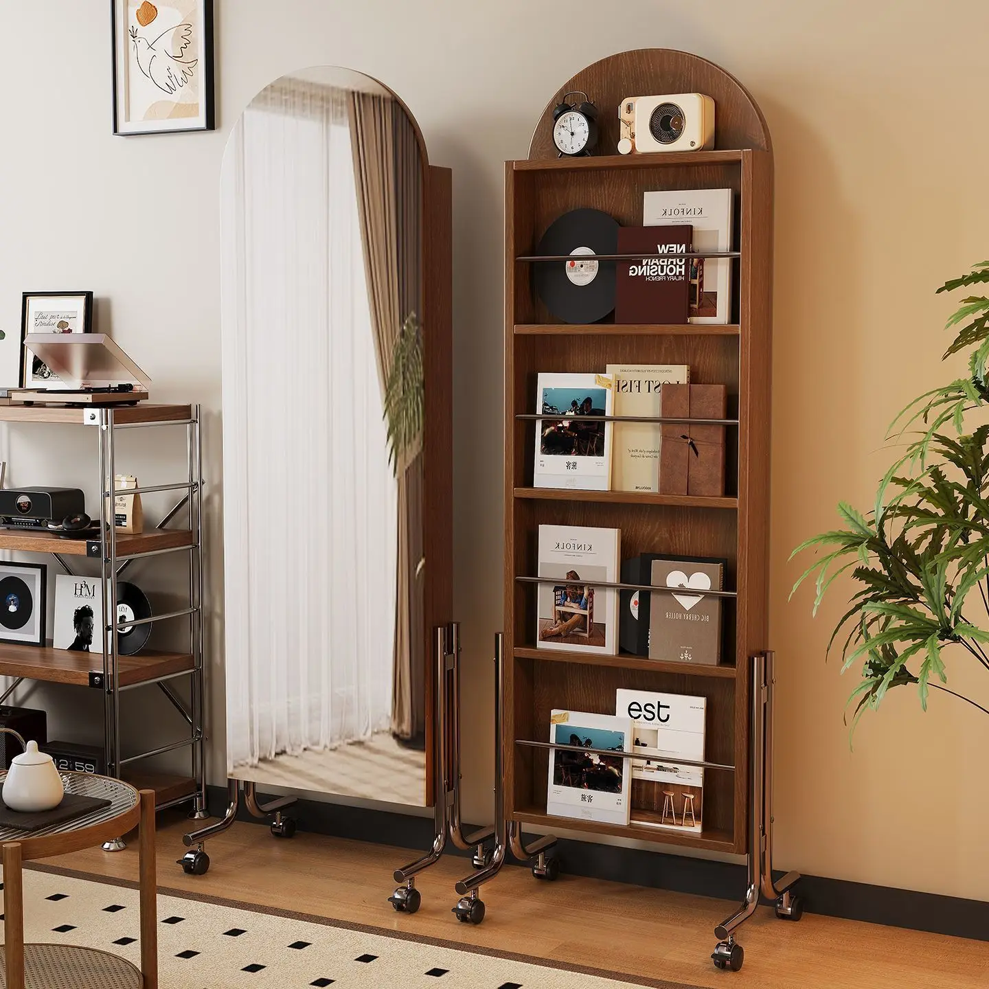 Floor-to-ceiling solid wood bookshelf full-length mirror household movable rotating magazine bookshelf storage integrated displa