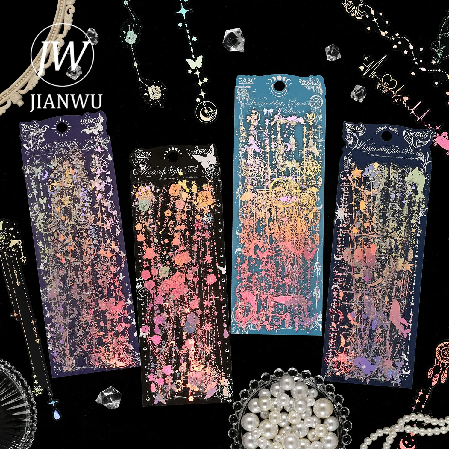 JIANWU Moonlight Tadal Night Series Vintage Star Flower Chain Landscape Material Collage PET Sticker Creative Journal Stationery