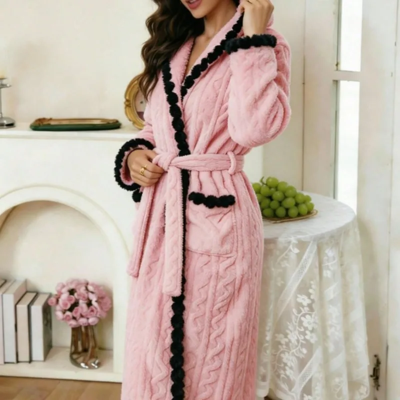 1 Pc Women Long Sleep Robe, Lace Splicing Twisted Plush Style, Thickened Long‑Sleeve Fleece Loungewear Robe, Warm Cozy Outfit fo