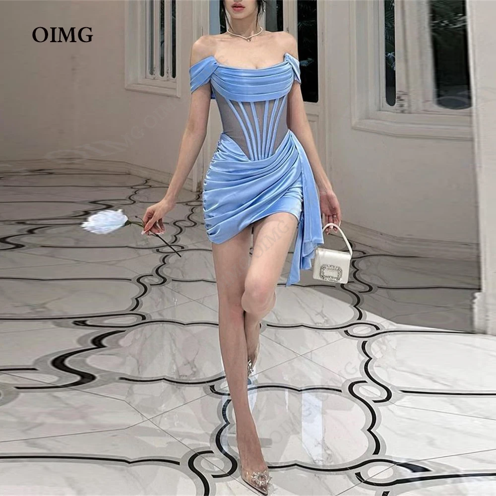 

OIMG Sexy Sky Blue Short Prom Party Dresses Satin Off Shoulder Custom Night Cocktail Dress Mini Homecoming Event Gowns