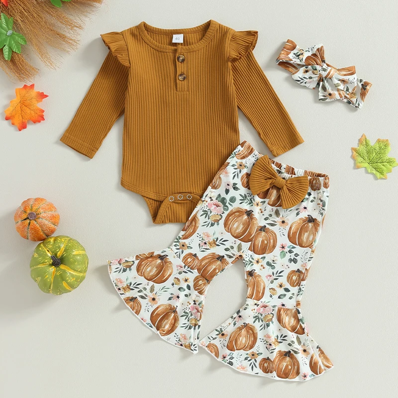 

0-18M Newborn Infant Baby Girl Fall Outfits Long Sleeve Romper Halloween Pumpkin Bell Bottoms Headband 3pcs Set Winter Outfit