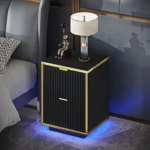 

Black and Gold Nightstand, ern Bede Table with LED Lights, End Table or Bedroom Living Room