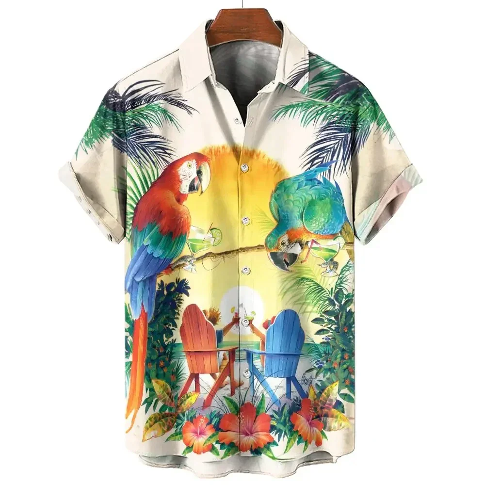 Men's Shirt Beach Parrot 3D Print Men's Clothing Oversized Summer New Casual Hawaii Beach Hawaiian Harajuku Holiday Shirt