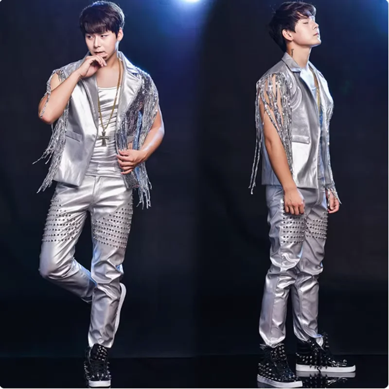 Trendy Male Singer Nightclub Bar Drum DJ Performance Outfit Personalized Sliver PU Leather Tassel Sequin Rivet Coat+Vest+Pants