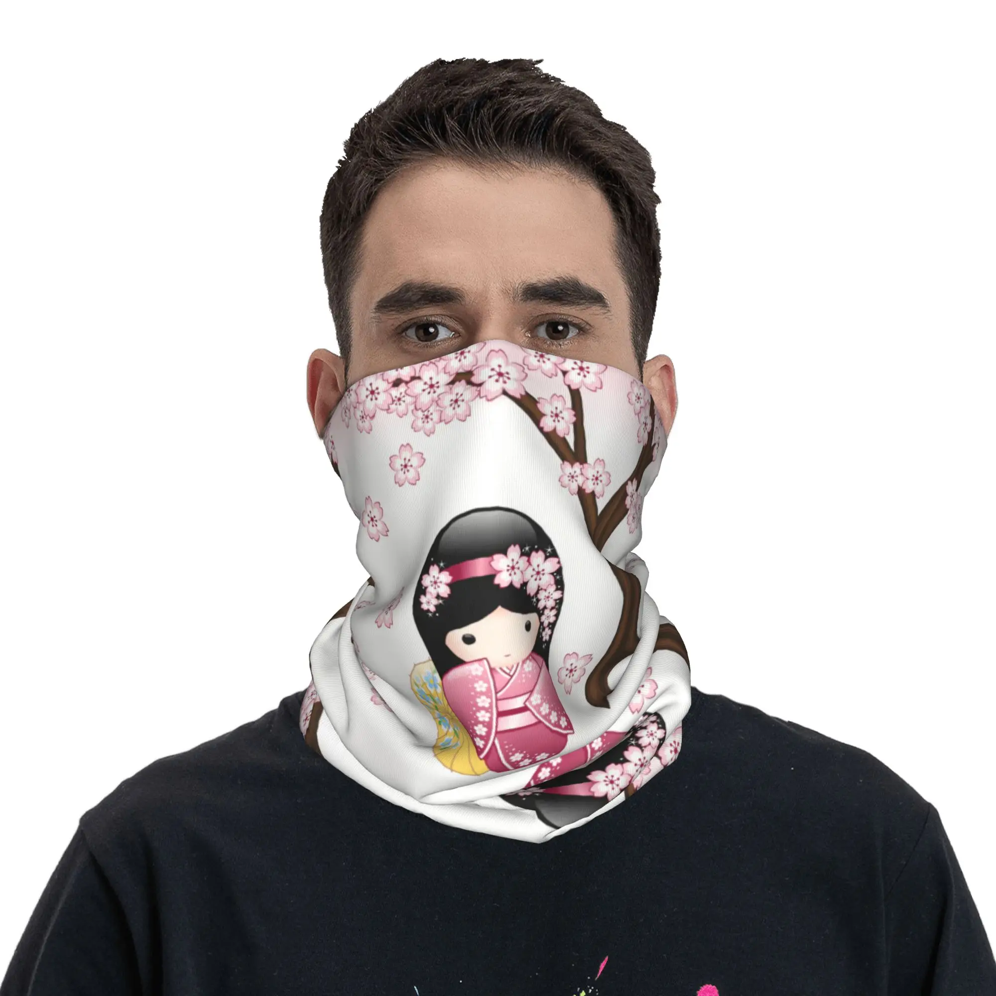 

Kawaii Kokeshi Doll Cherry Blossoms Winter Headband Neck Hiking Cycling Tube Scarf Japanese Geisha Girl Art Face Bandana Gaiter