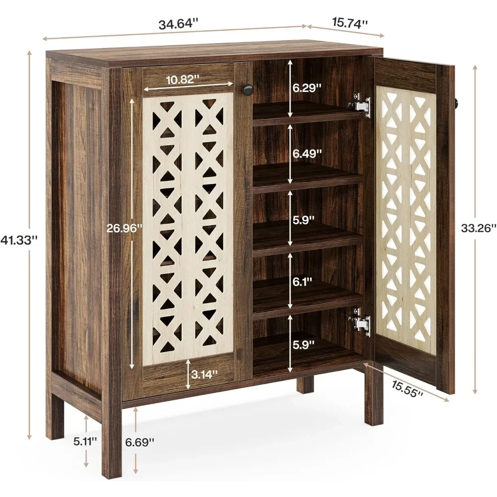 5 Floors with Doors, 25 Pairs of Farmhouse Shoe Storage Cabinets, All Wood Independent Shoe Cabinets with Adjustable Shelves