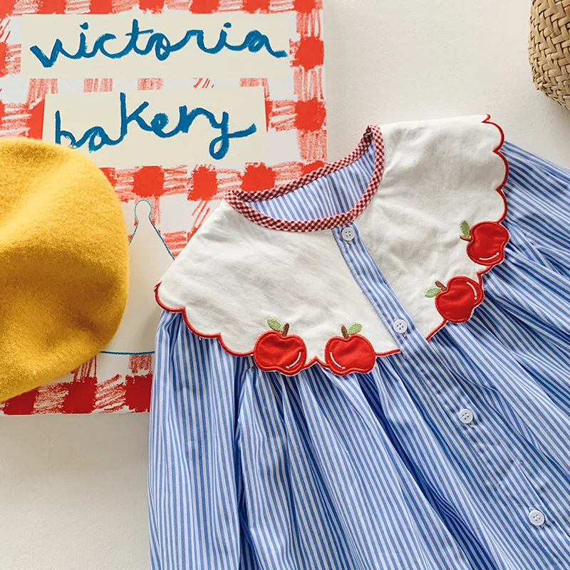 Robe chemise à manches longues pour filles, avec broderie de pommes, Design rayé, vêtements élégants pour enfants, printemps-automne