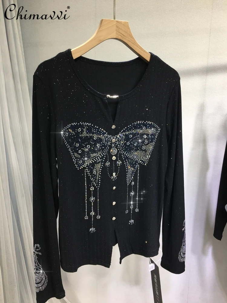 

European Heavy Rhinestone Top Women Fashion Classic Bow Slimming Top Black V-neck Long Sleeve Base Shirt New 2025 Autumn