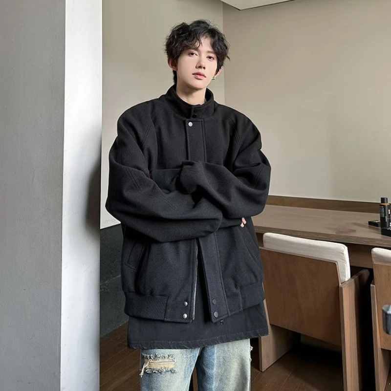 

Мужская зимняя шерстяная куртка с коротким воротником-стойкой, шикарная облегающая куртка премиум-класса в корейском стиле, простая повседневная осенне-зимняя верхняя одежда