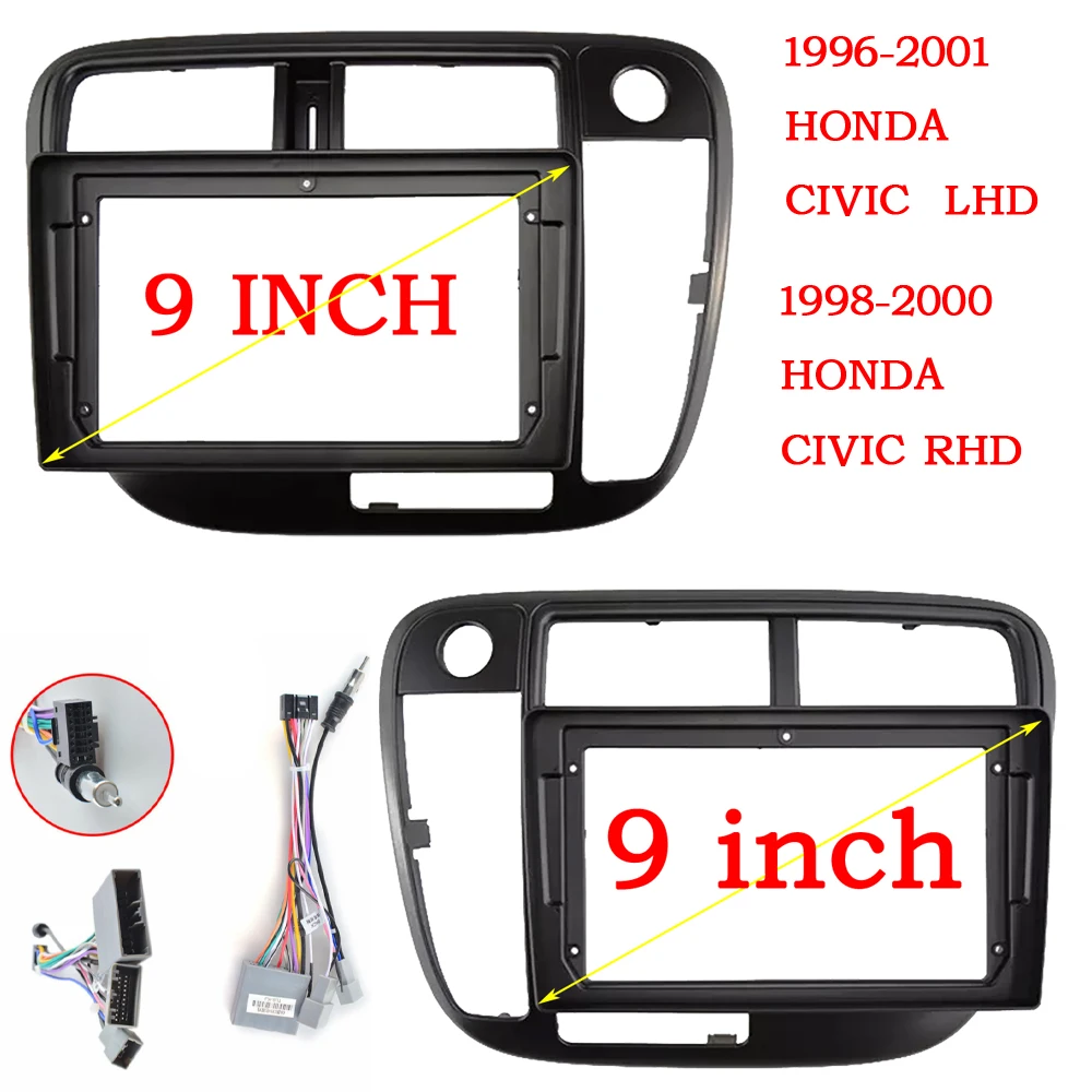 9 Inch Car Fascia For Honda Civic 1996 1997 1998 1999 2000 2001 Video Panel Player Audio Dash 2 Din Frame Dashboard Mount Kit