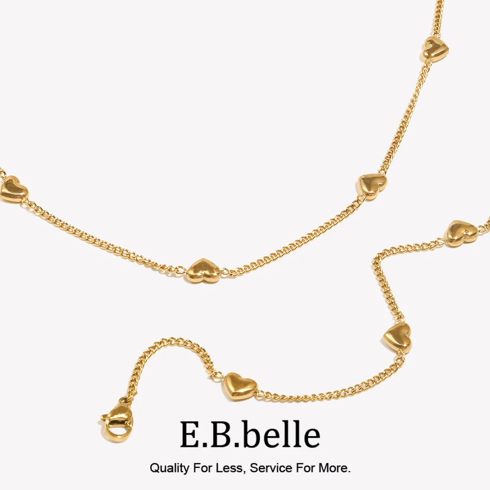 E.B.belle Heart Chain Bracelet Necklace Simple Stainless Steel Women\'s Hand Bracelets Sweet Style 18K Gold Plated Jewelry Set