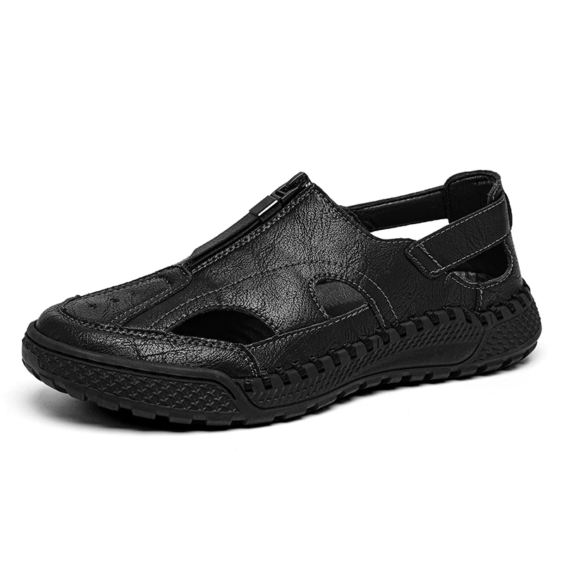 2025 Summer hot sale Sewn sandal for man black outdoor mens casual big size shoes traveling sandals zipper beach walking shoes