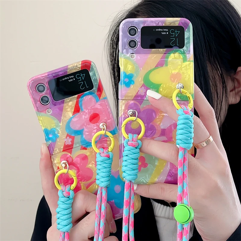 Cute Lovely Colorful Flower Phone Cover for Samsung Galaxy Z Flip 5 4 3 Flip5 Flip4 Seashell Hard PC Armor Case Colorful Strap