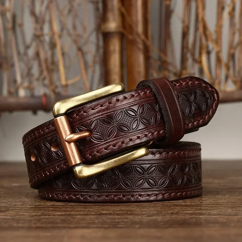 

3.3CM Pure Cowhide High Quality Genuine Leather Engrosar Belts For Men Brand Strap Male Brass Buckle Jeans Cowboy Cintos Luxury