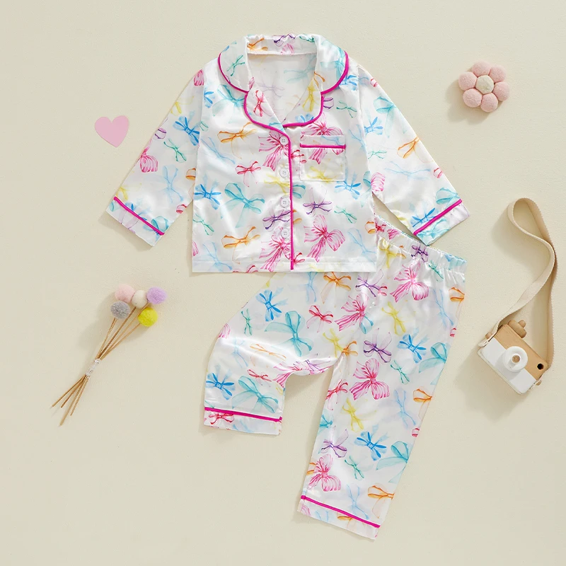 Toddler Girl Satin Pajama Set Bow Print Long Sleeve Button Down Tops Elastic Waist Pants Loose Autumn 2 Piece Set