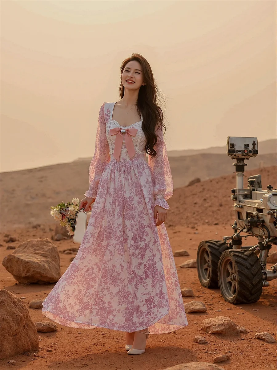 Robe rose femme mi-mollet ample douce Cottagecore Fairycore esthétique esthétique littéraire Boho bohème Vintage rétro