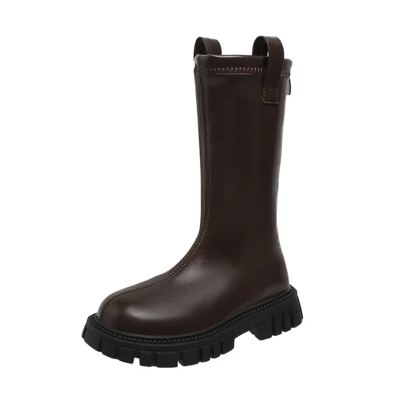 Botas altas con cremallera trasera para niñas, zapatos informales antideslizantes de punta redonda a la moda para niños, PU, negro, Beige, algodón