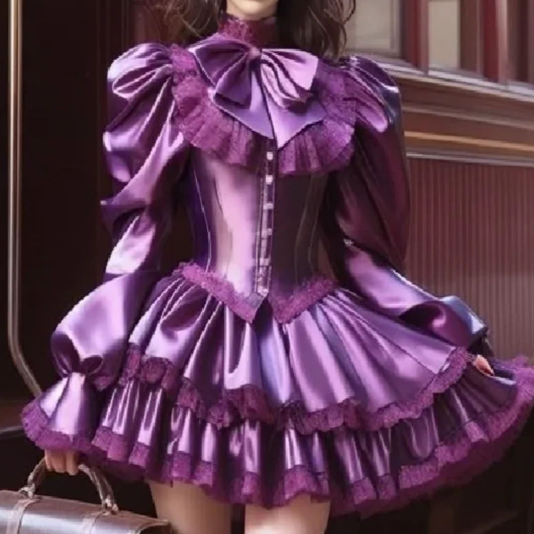 ชุดเซ็กซี่คอสเพลย์มินิเดรสแขนยาวสีม่วง ชุดราตรีสั้น แต่งลูกไม้ระบาย ชุดออกงานเลี้ยงค็อกเทล สามารถสั่งตัดได้