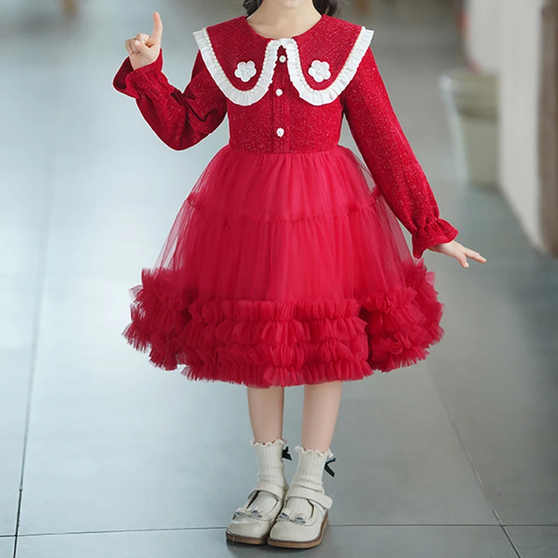 

Girls fall doll collar gauze long sleeve pompadour princess dress Christmas dress dinner party #6861