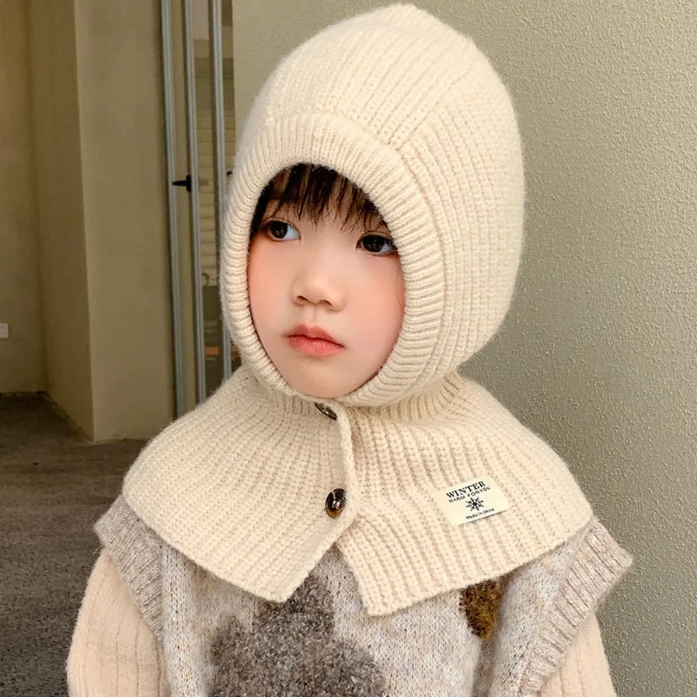 

Keep Warm Kid Balaclava Cap Windproof Neck Protection Baby Knitted Bucket Hat Solid Color Ear Protection Caps for Winter