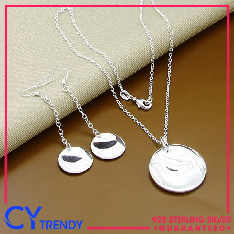 925 Sterling Silver Round Bid Pendant Necklaces Earrings Fashion Jewelry Set Accessories