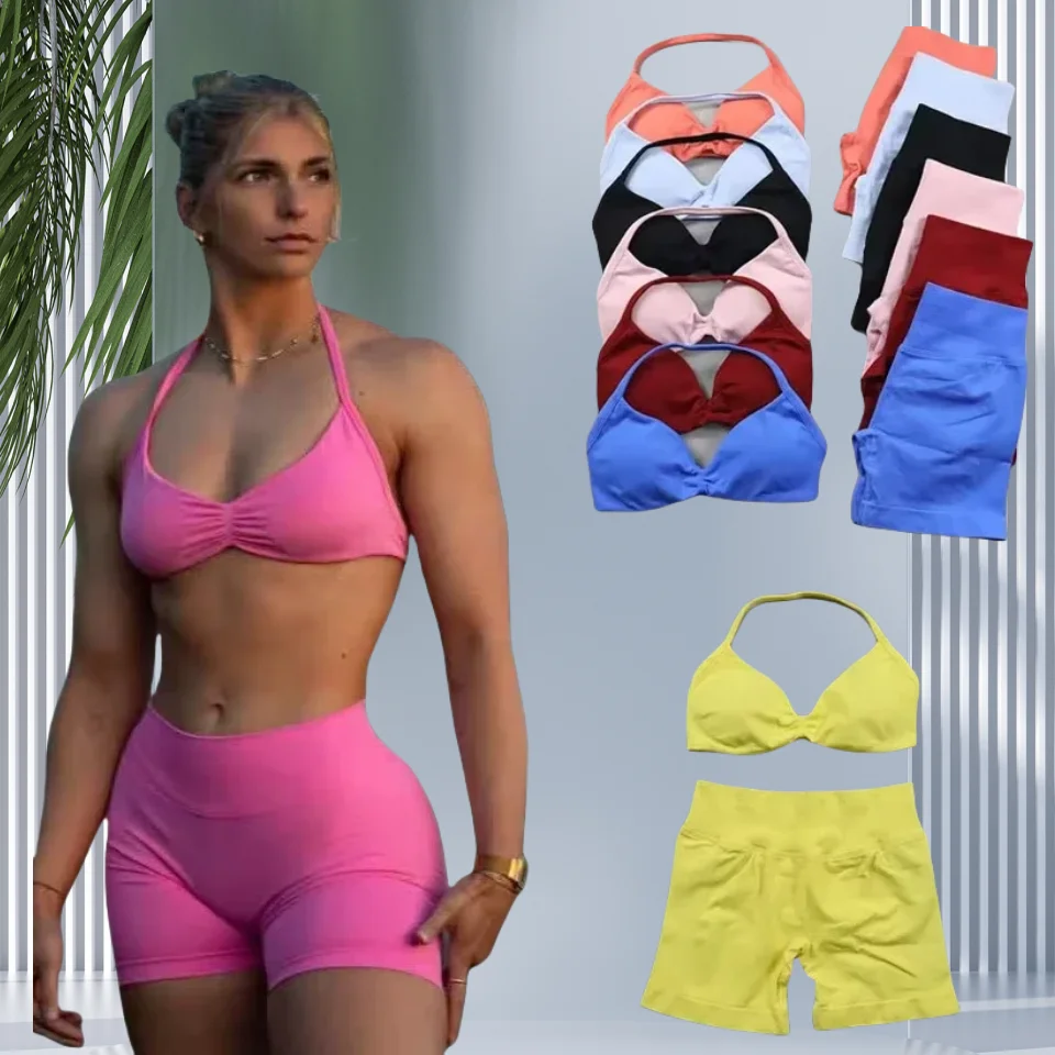 

2 шт., спортивный комплект для йоги, женский бесшовный бюстгальтер для йоги на бретелях, топ с высокой талией, шорты для тренировок, спортивный костюм, одежда для фитнеса, спортивная одежда