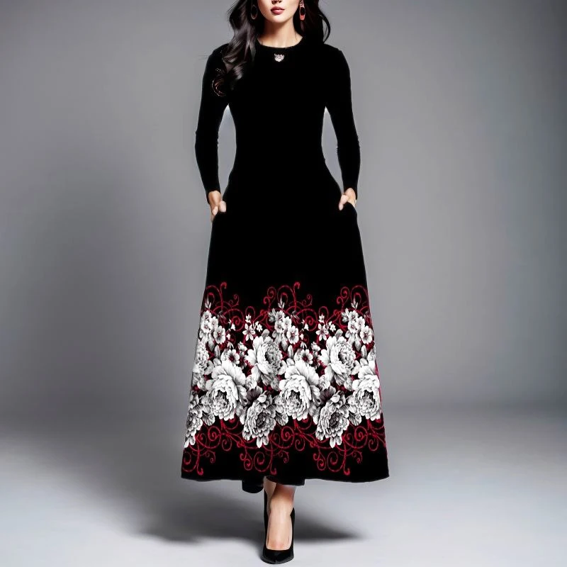 2023 New Lady Autumn Winter Black Long Dress Women Floral Print long Sleeve V-neck Zipper Elegant Dresses Party Maxi Dress