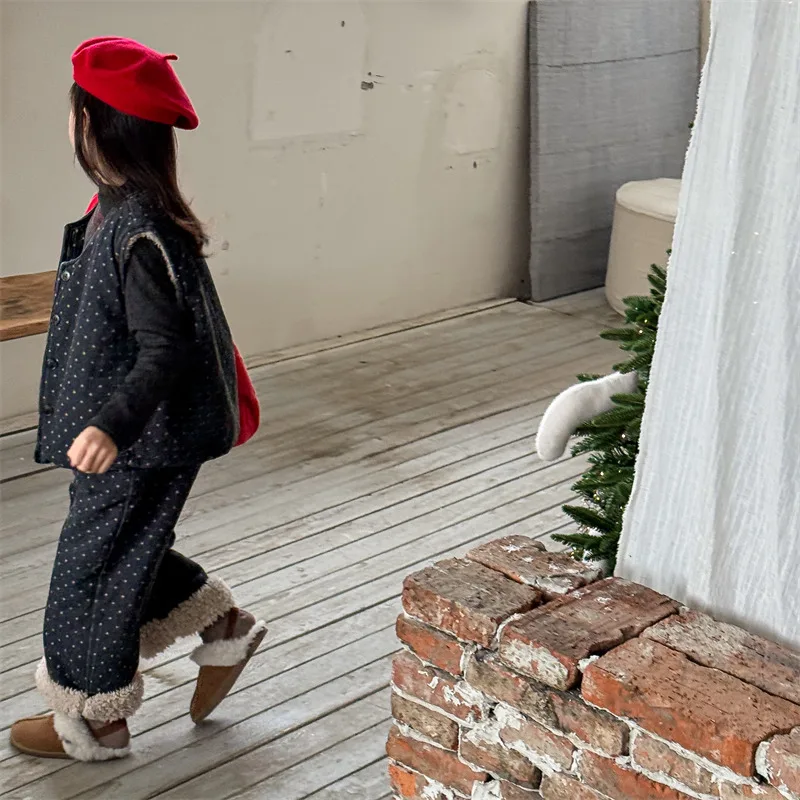 Winter Kids Clothing Korean Style Fleece Lined Denim Set Girls Boys Two Piece Outfit Children's Warm Jeans Jacket Vest
