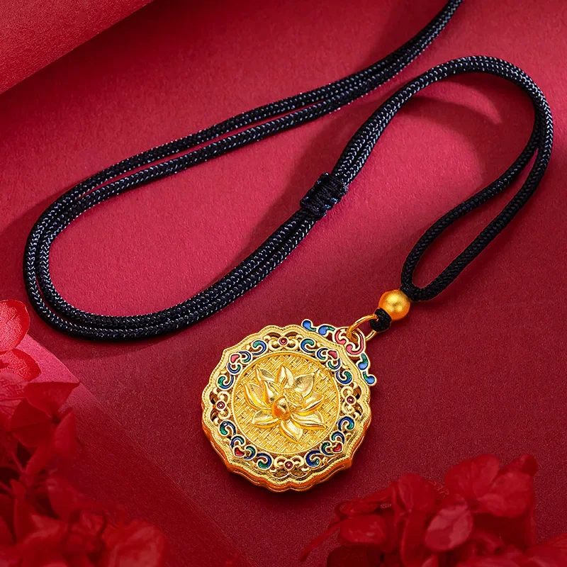 9999 Real Gold 24K Ancient Flower Silk Lotus Enamel Color Pendant National Style Gold Burning Blue Xiangyun Lotus Pendant