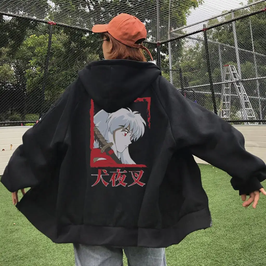 Moletons Harajuku de grandes dimensões InuYasha masculino, moletons de anime japonês, streetwear vintage Hip Hop, cordão casual