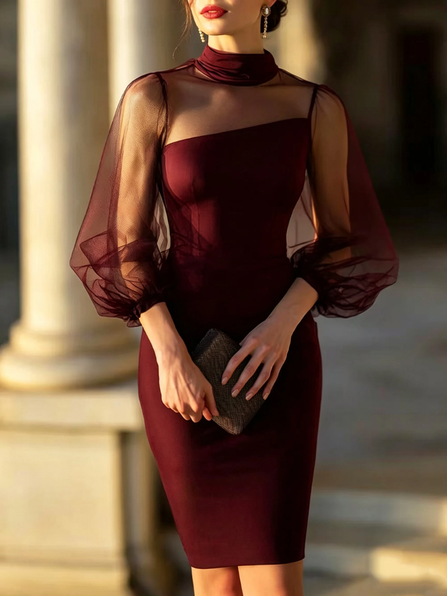 Modische Patchwork-Kleider für Damen, schmal geschnitten, mit Schlitz, Stehkragen, figurbetontes Kleid, Damenkleid, Sommerkleid für Damen – Detail 5