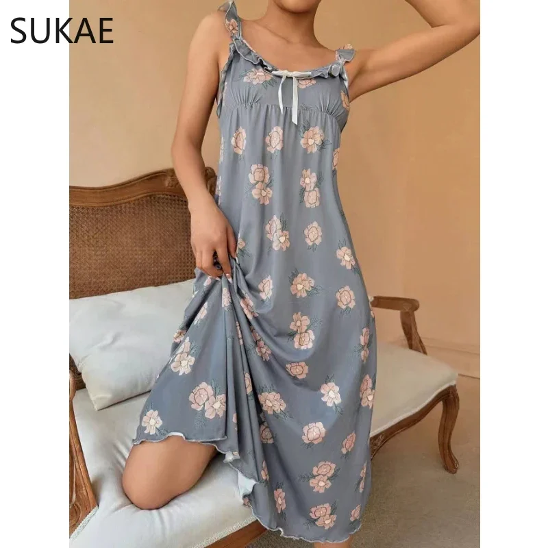 SUKAE Floral Print Ruffle Trim Slip Nightdress Fashion Women Elegant Bow Decor V Neck Midi Sleep Dress Chic Women\'s Nightgowns