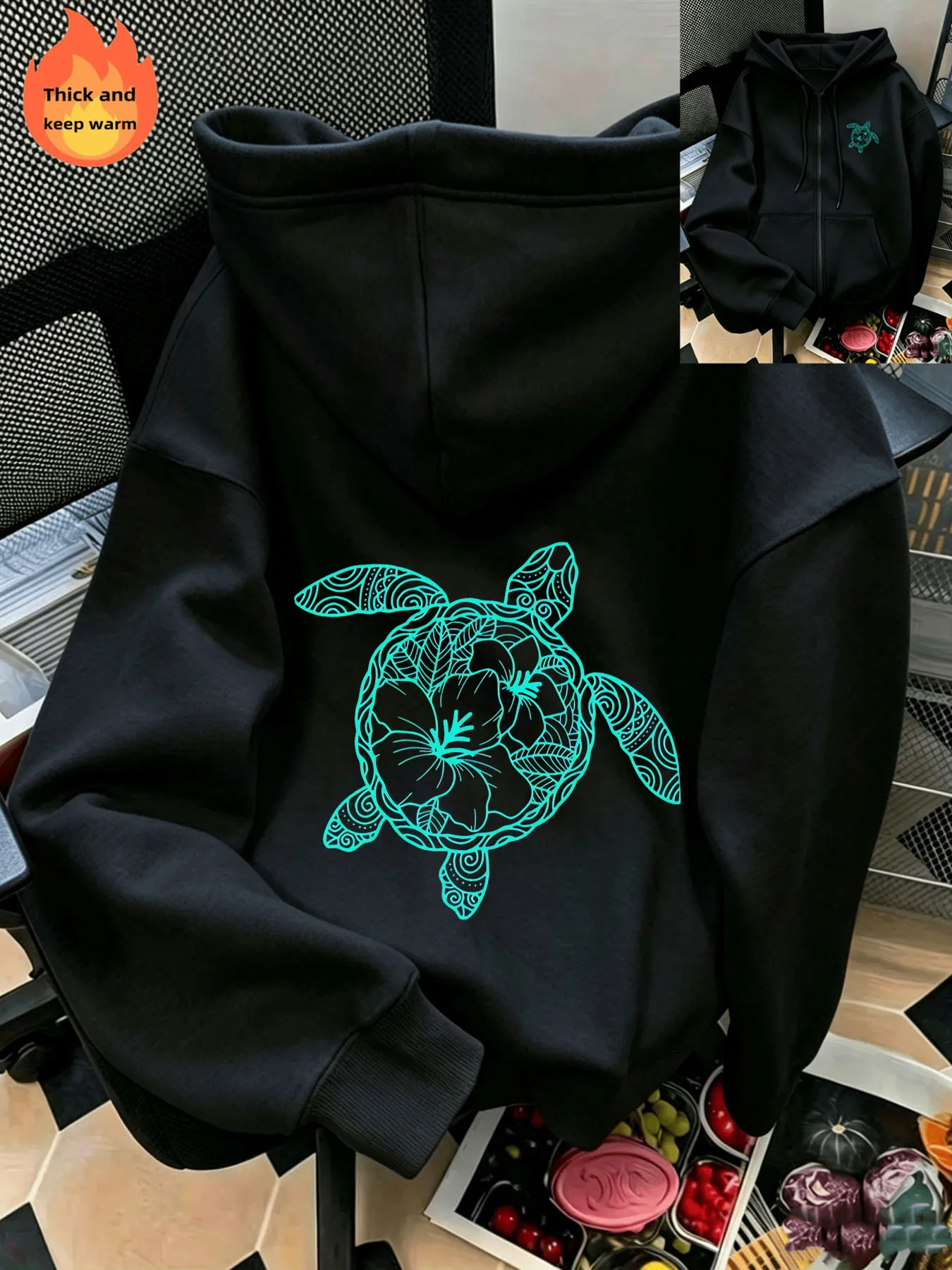 Cartoon Sea Turtle Print Zip‑Up Hoodie, Casual Long Sleeve Sweatshirt, Knit Polyester Fabric for Autumn Winter.