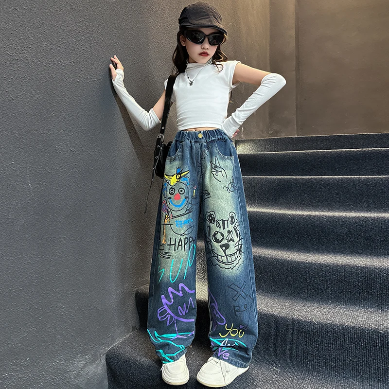 2025 spring teen girls Personalized graffiti denim wide leg pants Elastic waist junior kids jeans child Casual trousers clothes