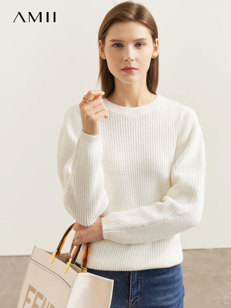 AMII Minimalism Pullover Sweater Autumn 2022 Women New O-Neck Gigot Sleeve Pleated Design Vintage Loose Knitted Tops 12240732