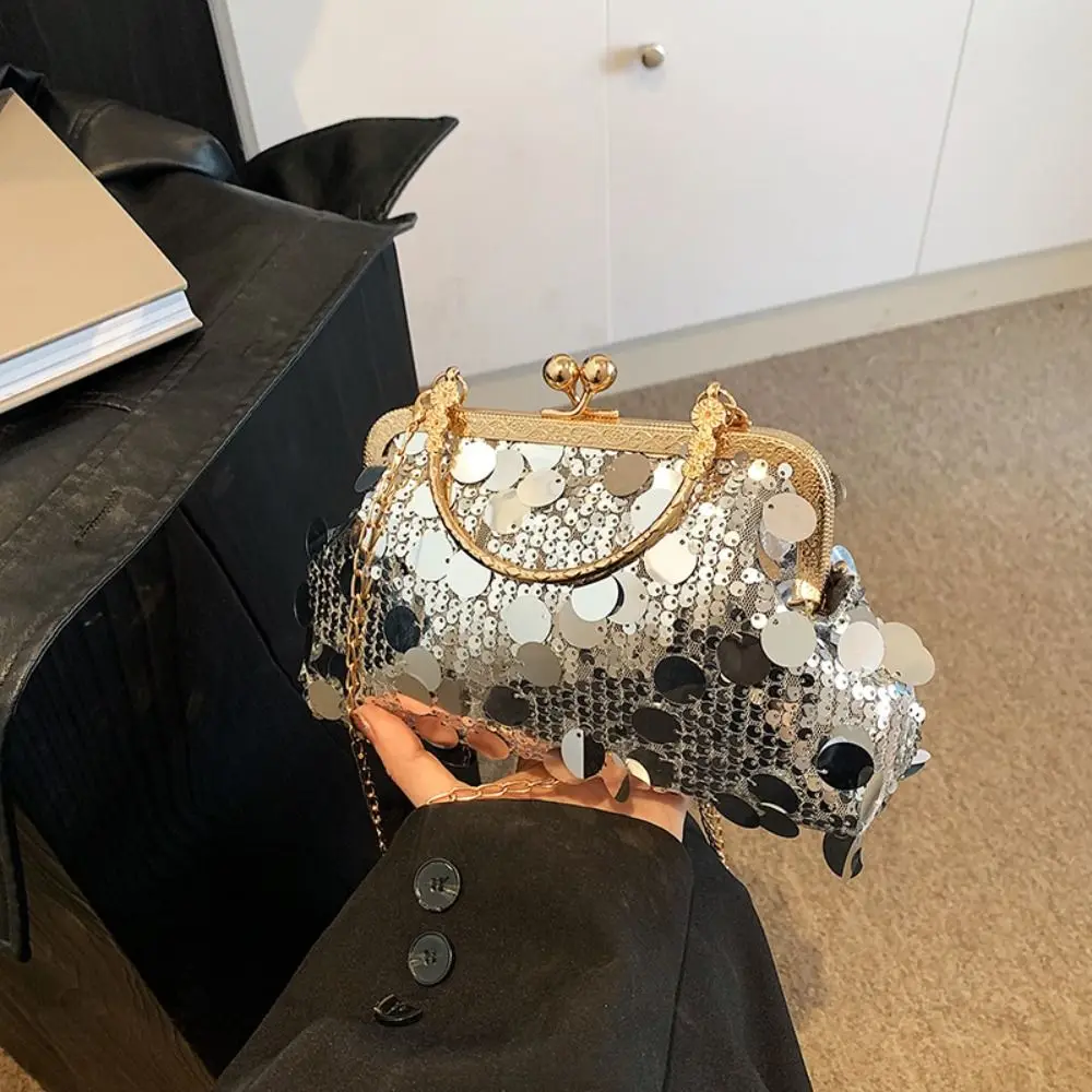 

Retro Shiny Evening Banquet Bag Lock Buckle Glitter Chain Crossbody Bag Single Shoulder Large Capacity Sequin Shoulder Bag Party