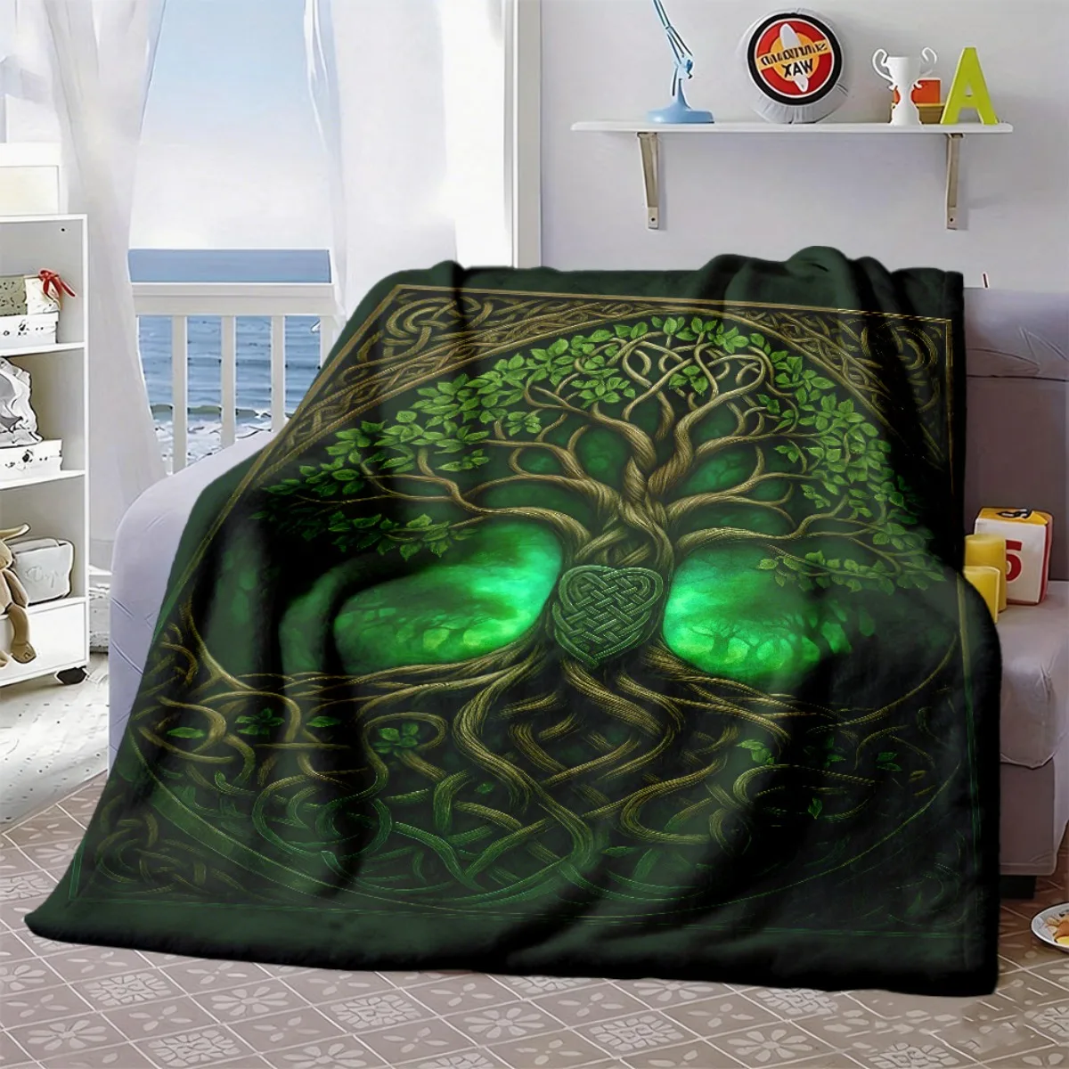 Mystical Celtic World Tree Throw Blanket,Vintage Knot Tree Pattern Flannel Blanket for Sofa Bed Home Decor Birthday Gift Options