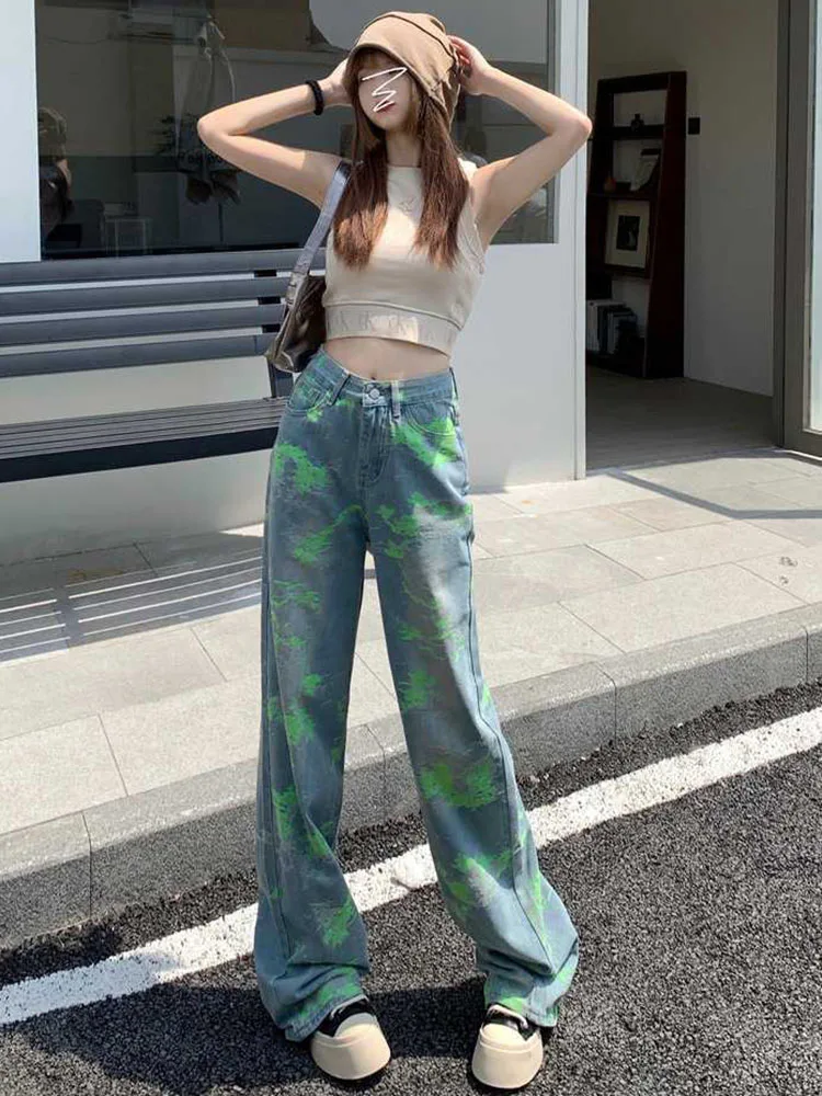 Jeans ricamati streetwear moda vintage a vita alta dritti gamba larga Vaqueros pantaloni denim coreani casual da donna retrò