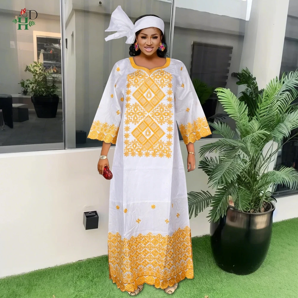 H&D African Dresses For Women Bazin Riche Tradition Embroidery Dress Wedding Robe Clothes Party Gowns Skirt 2024