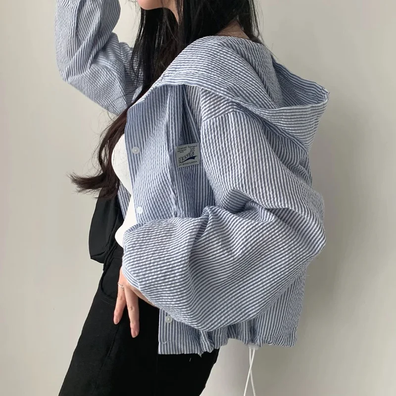 Korean Chic Autumn Fashion Temperament Vertical Stripes Contrasting Color Hooded Casual Versatile Short Women