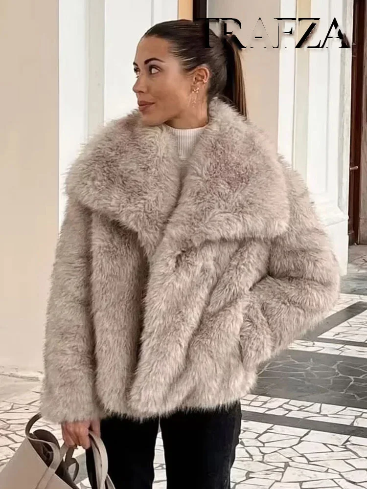 HH Chaqueta corta de piel sintética a la moda para mujer, abrigo de otoño e invierno con solapa, chaqueta gruesa y cálida de manga larga, prendas de vestir exteriores elegantes para mujer